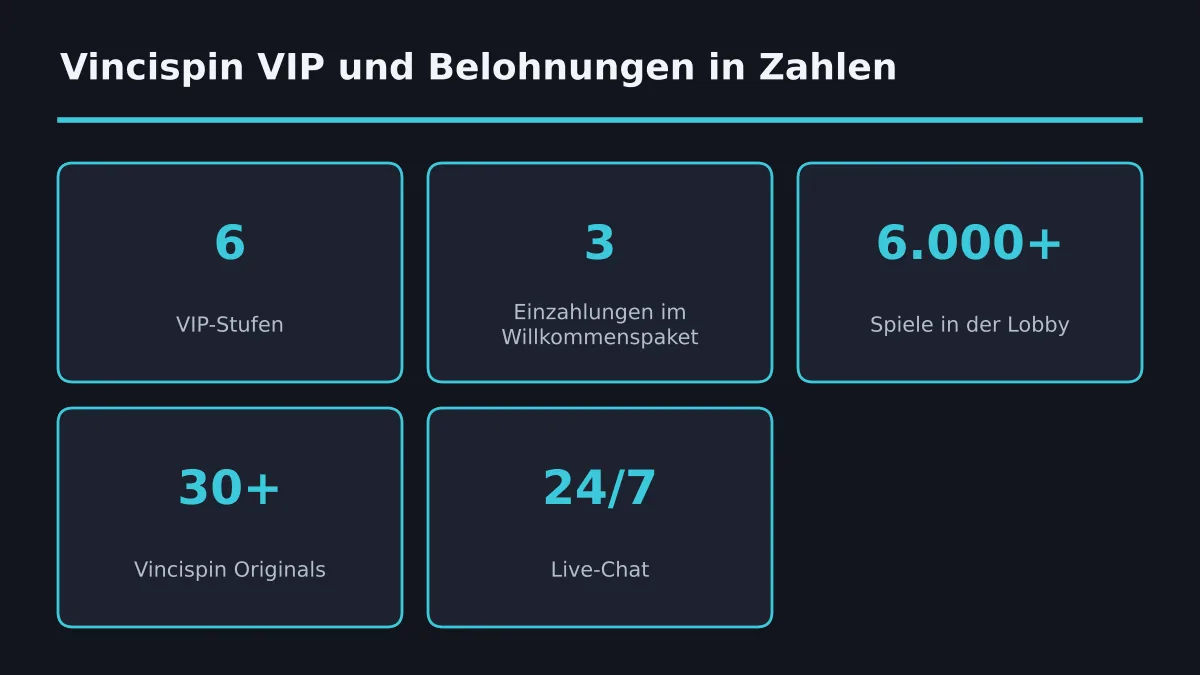 Die wichtigsten Kennzahlen rund um Treueprogramm und Aktionen bei Vincispin auf einen Blick.